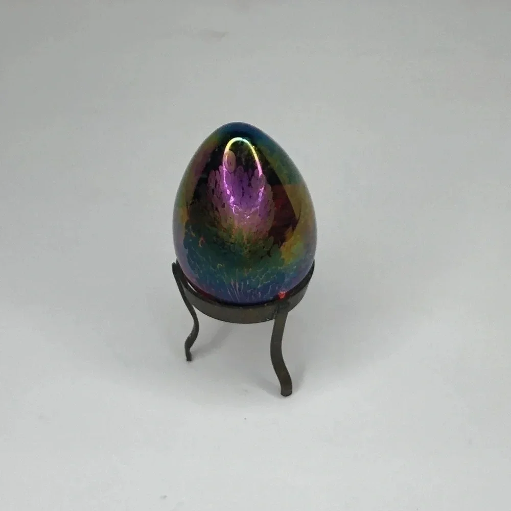 Iridescent Studio Art Glass Egg on Stand, Paperweight
